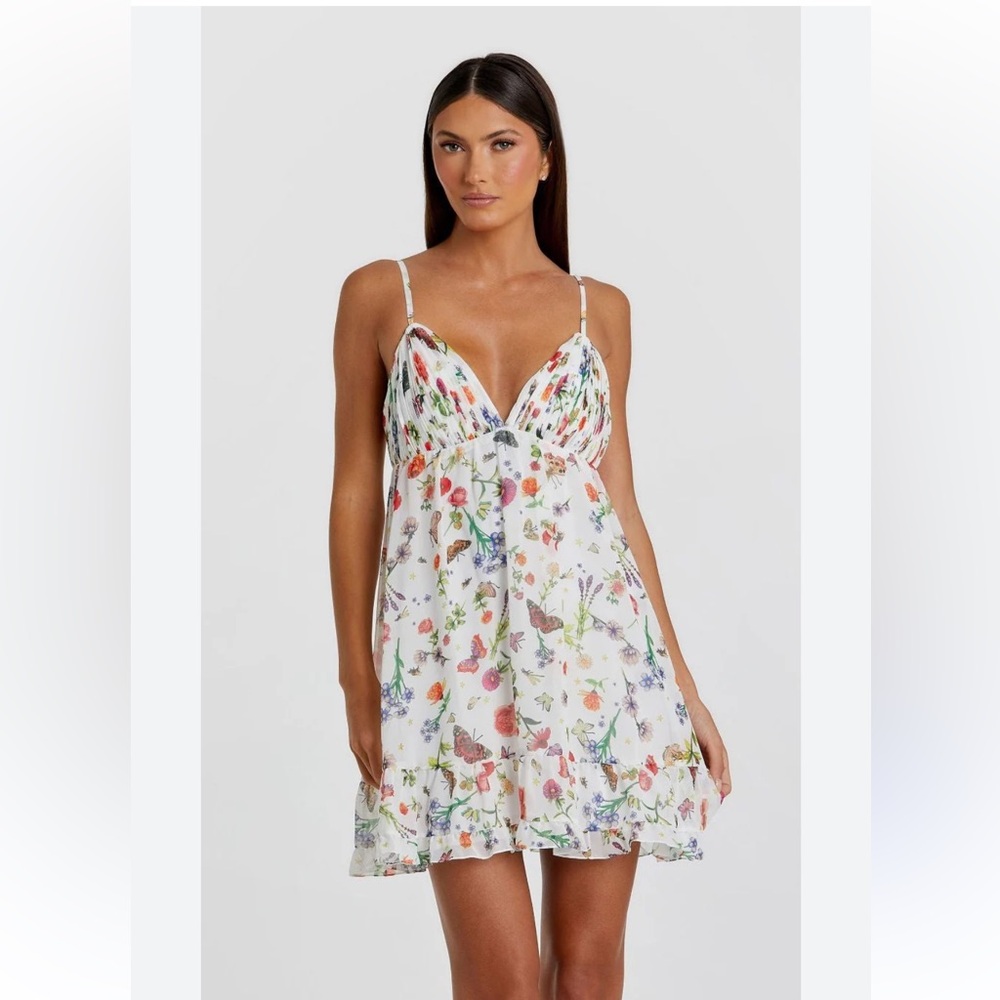 Mac Duggal White Butterfly Print Ruffle Hem Mini size 10 NWT Spaghetti Straps